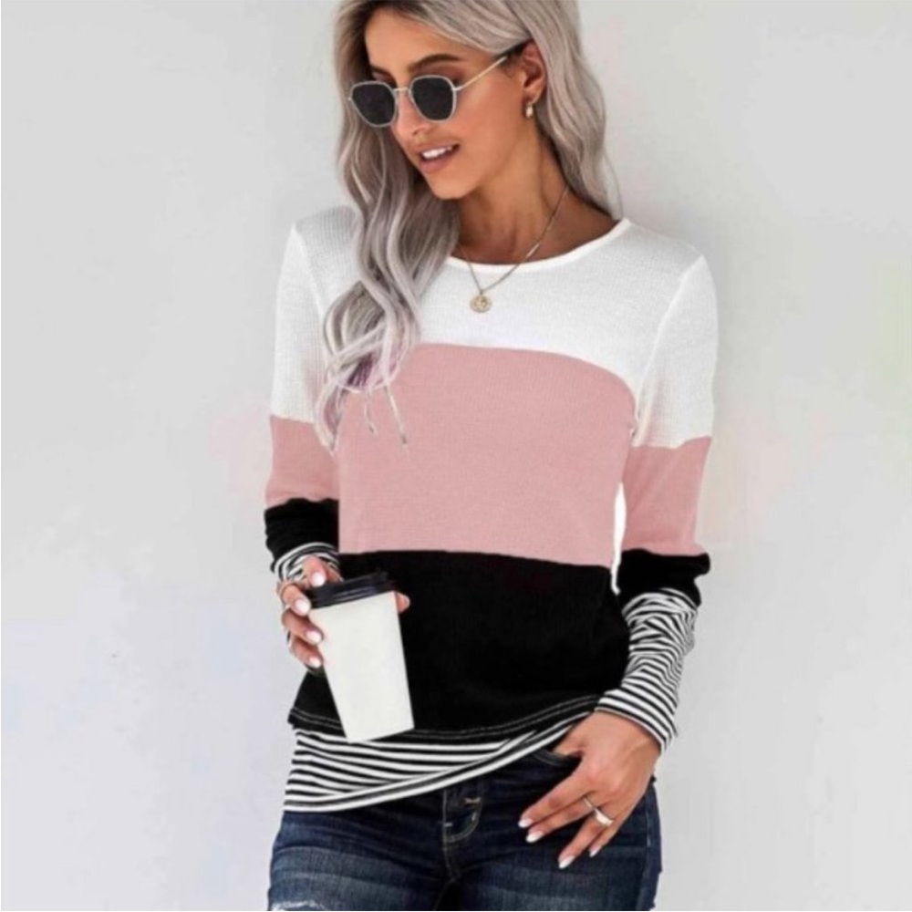 85- Crew Neck Color Blocked & Striped Long Sleeve Top